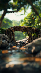 Fototapeta premium Living Root Bridge: Nature's Archway, Lush Greenery, Tranquil Stream, Mystical Forest