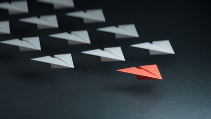 Different business concept.new ideas. paper art style. creative idea.Leaderplane concept, black leader plane leading white planes.3D rendering on black background.