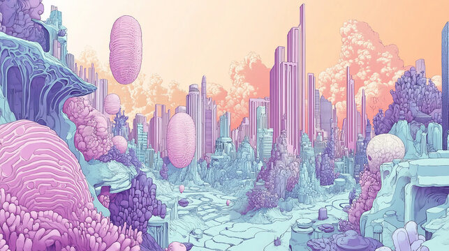 Pastel Cityscape with Coccoliths and Ocean Acidification