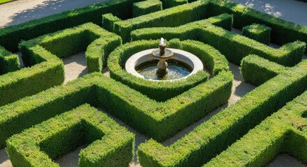 Beautiful green hedge maze with fountain centerpiece on sunny day