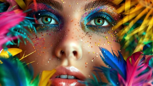 This young woman showcases stunning carnival makeup adorned with colorful feathers and sparkles.