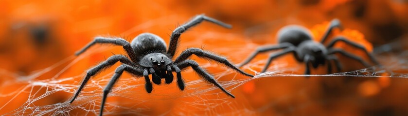 Discover playful spiders in a festive web, perfect for Halloween decorations These arachnids create a spooky yet fun atmosphere Use them for your festive Halloween displays The spiders are a great