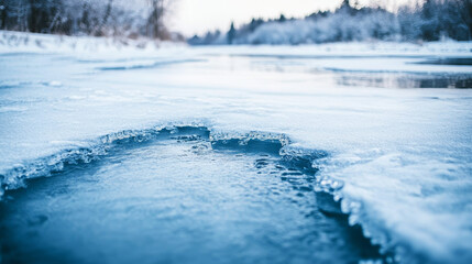 Frozen River Thawing: Ice Melting, Winter Stream, Blue Water, Snow, Background