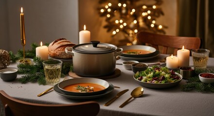 Cozy holiday dinner with candles, soup, and salad on table