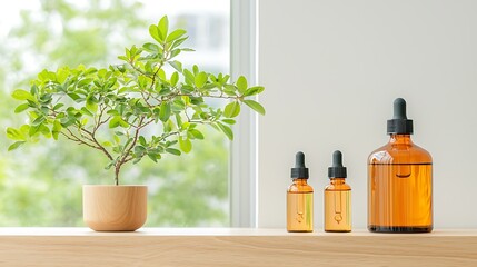 Bright indoor environment with essential oil bottles and minimalist plant decor close-up