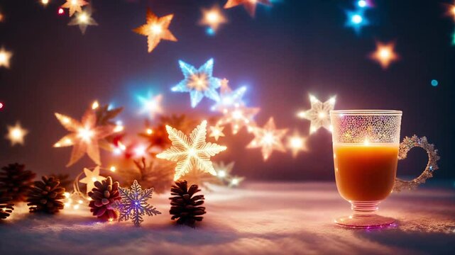 new year beauty of snowy winter night. delicate stars dance in air, merry xmas eve. stars shine joy warmth, cozy cup of hot tea drink, magic snow glow in glass mug. quiet evening celebrations at home