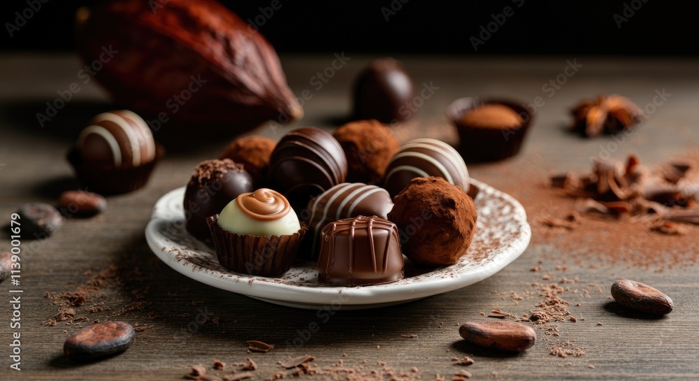 Poster assorted chocolates arranged on plate with cocoa pods in background