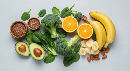Fresh fruits, vegetables, and nuts on light background