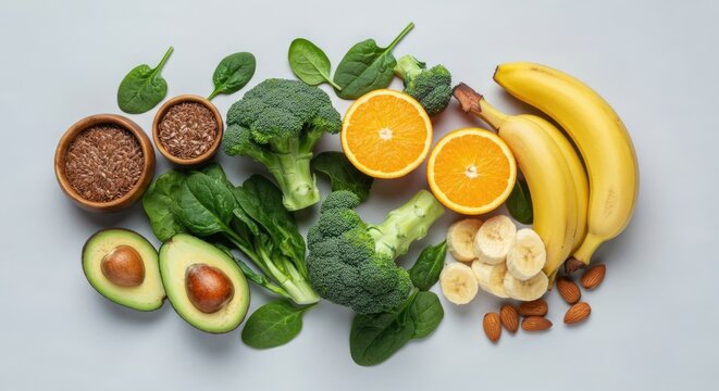 Fresh fruits, vegetables, and nuts on light background