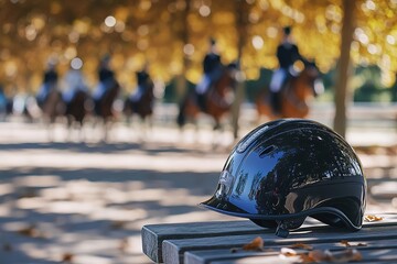 Black helmet on bench with blurry horse riders in background