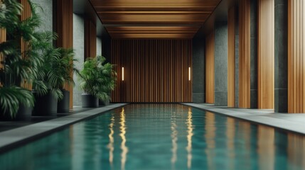 Fototapeta premium Experience a serene swim in a tranquil pool, a haven of fitness and calmness, where soft light dances on the water's surface This calming indoor pool invites you to unwind Escape to this peaceful