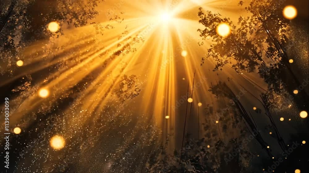 Poster magical golden light rays shining through forest canopy, illuminated by glowing fireflies. animation