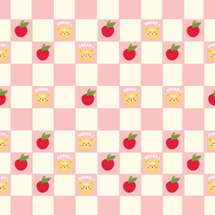 Cute chess board seamless pattern with cute bear and apple. Pink. Pastel Color. Art design checkered, checkerboard, chessboard. Abstract concept graphic element
