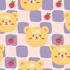 Cute bear face with apple in kawaii style. Ideal print for fabrics, textiles, backdrop, wrapping paper, children product, etc