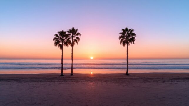 Experience the magic of a sunset beach with vibrant orange skies, where palm tree silhouettes dance against a tranquil horizon This Summer Vibes Scenery encapsulates the essence of peace and