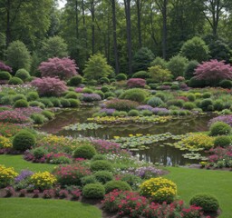 A vibrant garden scene featuring colorful flowers, shrubs, and a tranquil pond.