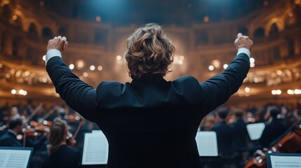 Experience the power of music as a conductor leads an orchestra, a score filled with harmony, guiding an orchestra through a flawless performance, showcasing the mastery of a live performance in a