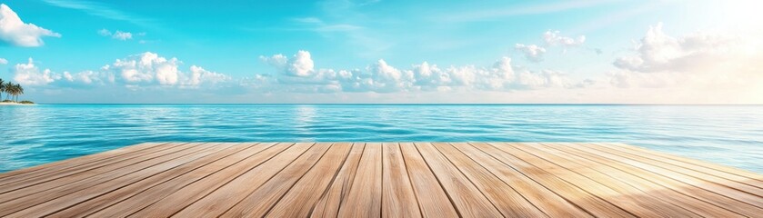 Fototapeta premium Experience the serenity of a tropical escape with this captivating image featuring soft blue gradients fading into the horizon, atmospheric expanse, complemented by a wooden deck inviting you to