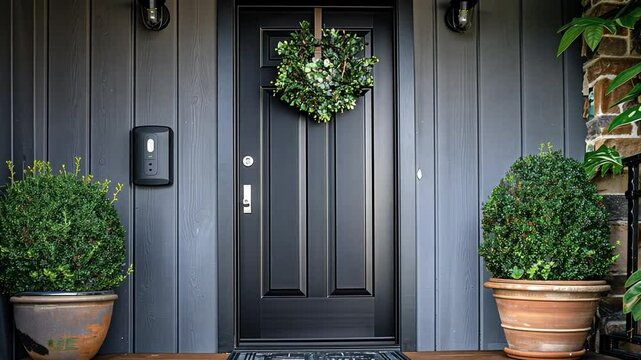 This Bright entrance featuring a sleek black door adorned with a festive wreath and potted plants.