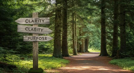 Forest path with signposts pointing to clarity and purpose in wooded area
