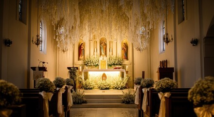 Ornate church interior decorated with flowers and lights for wedding ceremony