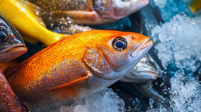 Fresh Fish on Ice. Variety of Fish at Market. Seafood Concept.