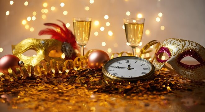 Elegant masquerade setup with masks, clock, and champagne glasses amidst confetti