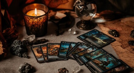 Candlelit tarot card reading setup with map and figurines in ambient setting