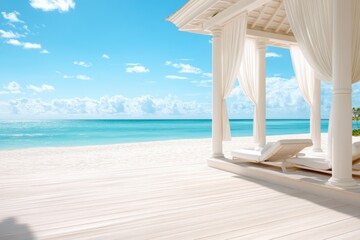 Fototapeta premium Experience ultimate relaxation in this luxurious beachside cabana, where tranquil turquoise waves meet pristine white sand Summer Vibes Scenery radiates from this serene setting, offering a perfect