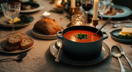 Candlelit dinner table with soup, bread, and utensils Intimate cozy ambiance for evening meal