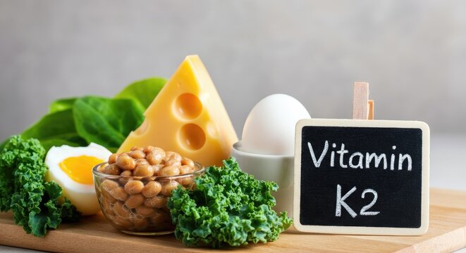 Various foods rich in Vitamin K2, including cheese, eggs, and leafy greens