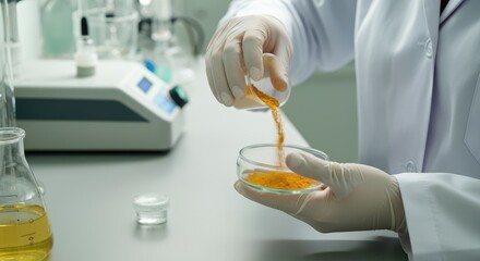 Laboratory scientist handling orange powder in petri dish