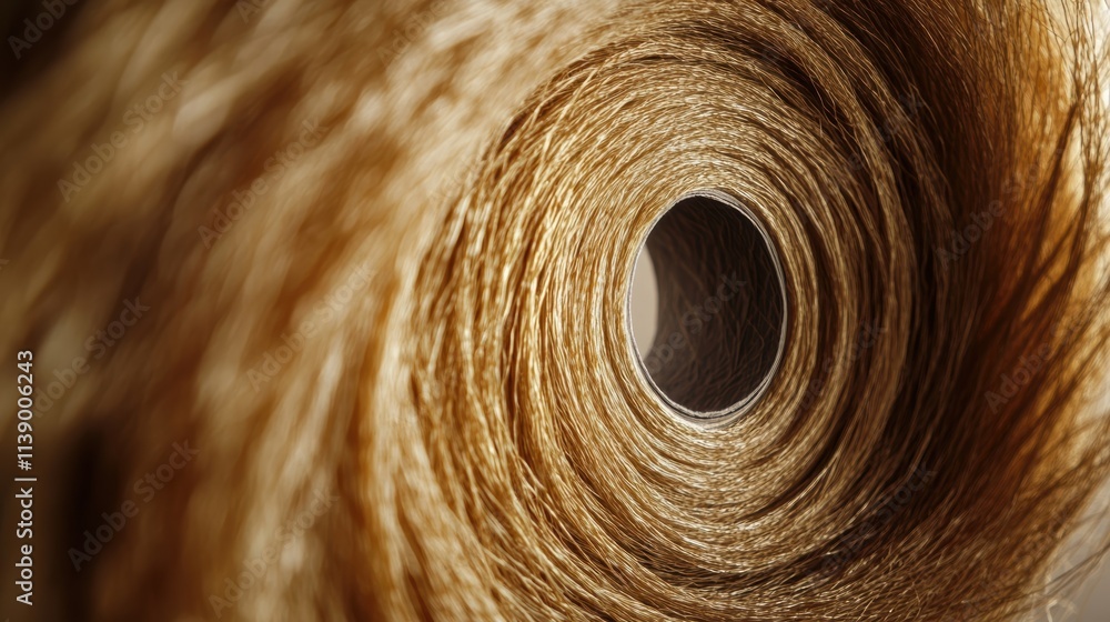 Poster a macro photograph of a roll of jute twine twirling around finished products exemplifying the use of
