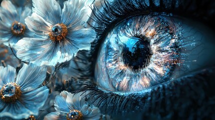 Close-up view of a human eye surrounded by glowing flowers in a surreal digital composition, merging nature with technology. AI generated.