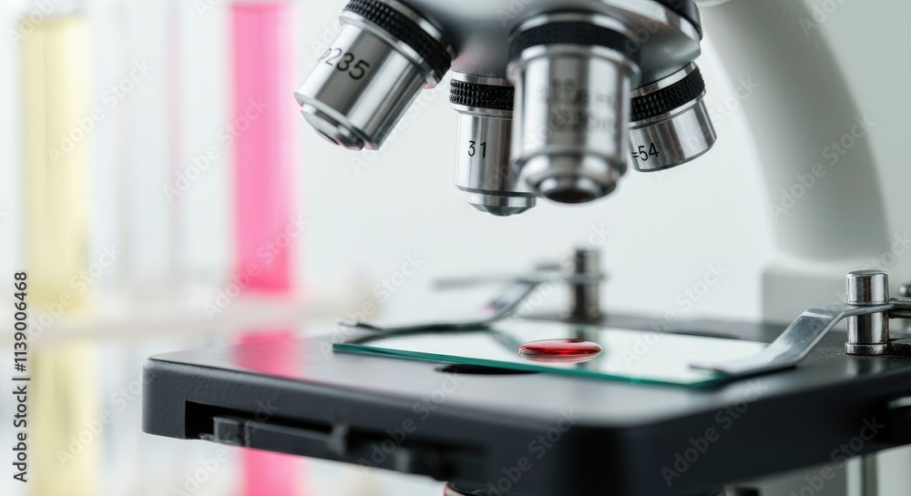 Poster close-up of microscope examining slides for laboratory research