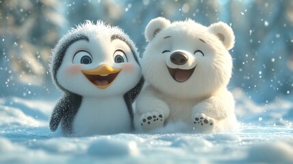A cheerful penguin and polar bear share a joyful moment in a snowy landscape.