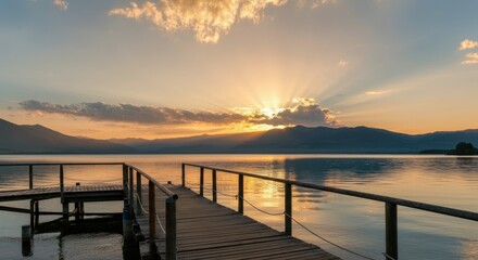 Obraz premium Serene lakeside pier at sunset with mountains in background