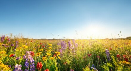 Obraz premium Vibrant wildflower meadow under clear blue sky with bright sunlight