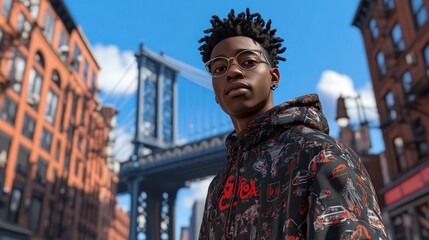 Explore vibrant city style with energetic streetwear fashion, blending bold prints with joyful expressions This urban portrait captures a young individual sporting a graphic hoodie amidst a bustling