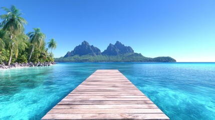 Fototapeta premium Serene tropical landscape with a wooden pier and mountains.