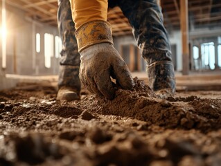 Observe skilled manual labor on a worksite, meticulously plastering walls with care and attention to detail The image captures the dedication of a worker using their hands to handle construction