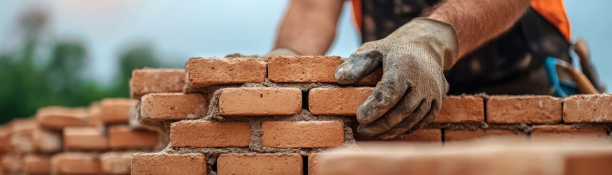 Skilled laborer applying brickwork, meticulously laying bricks to create a durable wall, while the trowel and mortar suggest plastering expertise focusing on smooth, even surfaces ensuring