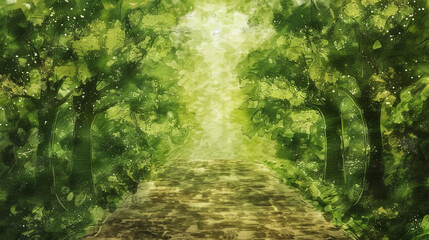 Obraz premium Magical garden path green tunneling trees + sunlight greeting card style oil pastel hand drawn abstract artistic spiritual journey mental health inspirational motivational nature background copy space
