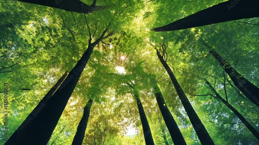Poster sunbeams filtering through lush green forest canopy. animation looping video background. generated w