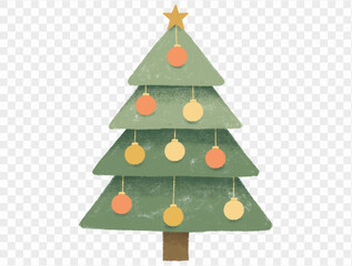 Hand drawn Christmas tree with chalk style decorations and childlike lines on  transparent background, perfect for festive designs. vector