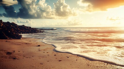 Obraz premium Sunset Beach Scene. Tranquil Coastal Landscape. Concept of Relaxation, Serenity, and Vacation.