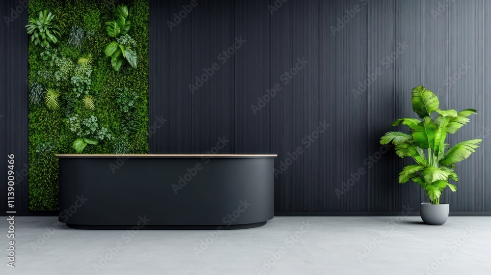 Poster modern reception area with greenery and minimalist design.