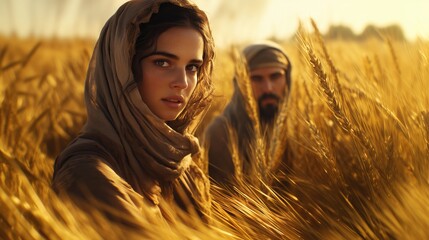 Biblical Romance of Ruth Meeting Boaz in Golden Wheat Fields