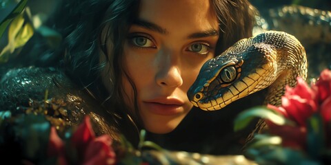 Eve and the Serpent in Eden a Divine Encounter of Temptation in Garden of Paradise, Biblical Old Testament Depiction