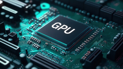 Fototapeta premium Close-Up of GPU Chip on Green Motherboard: Technology for Gaming and Computing